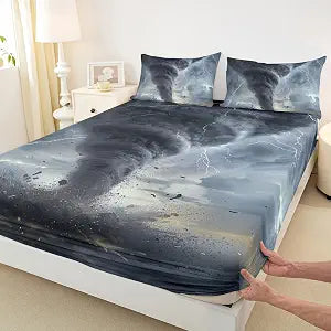 3D Tornado Bedding Set Twin Size Lightning Bed Set for Kids Bedroom Decor Kids Natural Disaster Fitted Sheet Soft Microfiber Tornado Pattern Bed Cover(1 Fitted Sheet+1 Pillow Case) No Flat Sheet