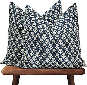 Hand-Block Printed, Artisan-Made Neutral Accent Throw Pillow Covers- 100% Cotton Cushion for Sofa, Bed, Chair, Home Decor, Boho, Indoor - Adeline (Deep Blue, 20" x 20" (Pack of 2))