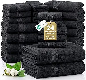 LANE LINEN Bathroom Towels Sets - 24 PCs - 100% Cotton Towels - Absorbent & Quick Drying - 4 Bath, 4 Fingertip, 6 Hand Towel, 8 Washcloth, 2 Bath Sheet - Housewarming Essentials - Black Towels