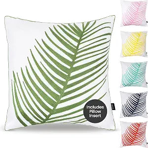 Luxury Hand-Embroidered Palm Leaf Throw Pillow - Single Decorative Cushion with 1 Pillow Cover & 1 Goose Down Insert Included - Cotton Linen Pillow for Sofa, Bed & Living Room - 20x20 Green