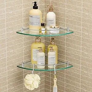 KES Glass Corner Shelf for Bathroom Corner Shelf 2 Pack Tempered Glass Shelf with Rail SUS 304 Stainless Steel Wall Mounted Brushed Finish, BGS2101A-2-P2