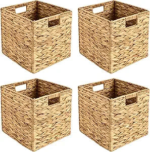 12 Inch Wicker Baskets for Cube Storage,4-Pack Water Hyacinth Woven Baskets, Foldable Cube Storage Bins for Home Organization,Storage Cube Organizers
