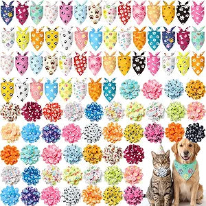 Huhumy 100 Pcs Paw Prints Dog Bandanas & Collar Flowers Set, Footprints Dog Triangle Kerchief Scarf, Cute Photo Prop & Grooming Accessories for Groomers, Pet Shops, Multi-Dog Families, 25 Styles