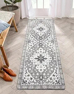 Uphome Boho Vintage Bathroom Runner Rug Gray Non-Slip Soft Bedroom Rug Machine Washable Oriental Kitchen Rug Traditional Tribal Floral Floor Mats for Hallway Kids Room Entryway, 24x71 inch
