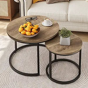 Smuxee Nesting Coffee Table Set of 2, 23.6" Round Coffee Table Wood Grain Top with Adjustable Non-Slip Feet, Industrial End Table Side Tables for Living Room Bedroom Balcony Yard