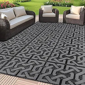 SAND MINE Reversible Mats, Plastic Straw Rug, Modern Area Rug, Large Floor Mat Rug for Outdoors, RV, Patio, Backyard, Deck, Picnic, Beach, Trailer, Camping (9' x 18', Black & Grey)