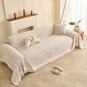 Couch Covers for Dogs 4 Cushion Reversible, Sofa Cover Washable, Loveseat Slipcovers for Pet, Furniture Protector for Sectional, Couch Cover Blanket, Wavy Stripe Chenille, Khaki, 91"x150"