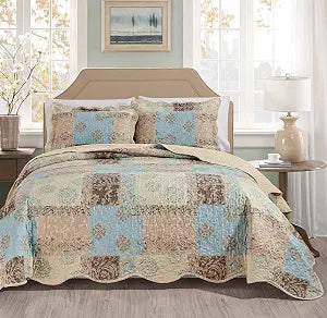 Masterplay 3-Piece Fine Printed Oversize (118" X 95") Quilt Set, Bedspread Coverlet King Size Bed Cover (Light Blue, Beige, Brown Floral)