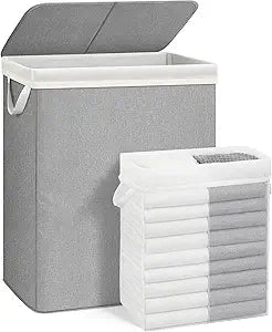 STORAGE MANIAC Double Laundry Hamper with Lid, 140L Tall Metal Frame Laundry Baskets with Removeable Bag, Large Clothes Hamper with PU Tag, Laundry Bin for Dorm, Collage, Bathroom, Bedroom, Gray