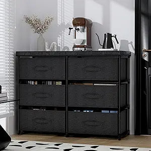 PPN Dresser with 6 Fabric Drawer Stand Desktop Sturdy Metal Plastic Support Tube Cube Storage Cabinet for Living Room, Bedroom Organization Dorm Front Hall Entryway Black