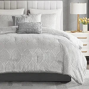Madison Park 7-Piece Velvet Comforter Set, Jacquard Bedding Sets for All Season, Includes Comforter, Bed Skirt, Pillow Shams and Decorative Pillow, Queen/King/Cal King, Nocturne, Grey | All Season