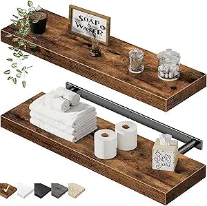 QEEIG Floating Shelves for Wall 23.6" Long - Wall Mounted Shelf Bathroom Kitchen Living Room Bedroom Farmhouse Home Decor Display Bookshelf Set of 2, Rustic Brown (008-60BN)