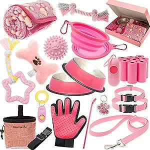FLYSTAR Puppy Starter Kit for Small Dogs, 26 pcs Dog Supplies, Dog Toys, Collar & Leash, Training Clicker, Treat Bag, Poop Waste Bag with Dispenser, Blanket, Grooming Glove, Bowls, Toothbrush, etc