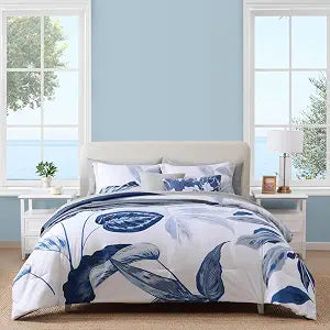 WRENSONGE King Size Comforter Set, 7 Pieces 7 Pieces Blue Tropical Leaves Soft Bedding Sets, Coastal Bed in a Bag, Botanical Printed Comforter with Sheets for All Season