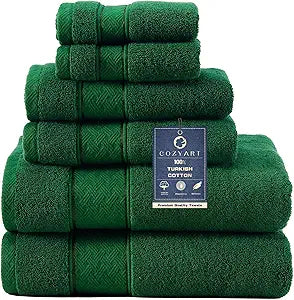 COZYART Formal Green Bath Towel Set 6 Piece, Luxury 100% Turkish Cotton 650GSM Hotel Quality, Soft, Absorbent,Towel Sets for Bathroom | 2 Bath Towels 2 Hand Towels 2 Washcloths