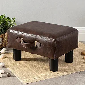 Small Foot Stool with Handle, Brown Faux Leather Short Foot Stool Rest, Rectangle Storage Foot Stools Ottoman with Plastic Legs, Padded Footstool Small Step Stool for Living Room, Office, Desk, Patio