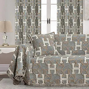 Modern Letter H Couch Cover for Sofa, Luxury Chain Patterns Jacquard Chenille Sofa Cover for Dogs, Soft Sofa Slipcovers Furniture Protector with Fringe for Pet, Cats(71x118, Gray)