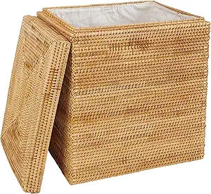 Rectangular Woven Laundry Basket with Lid, Handwoven Natural Autumn Rattan Decorative Storage Basket with Built-In Liner and Handles for Bedroom, Bathroom, Closet and Laundry Room