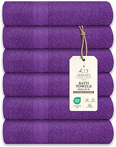 Large Bath Towels Pack of 6  24" x 50", 100% Cotton Terry  Soft, Quick-Dry & Highly Absorbent  Purple Towels for Bathroom, Spa, Shower, Pool & Daily Use