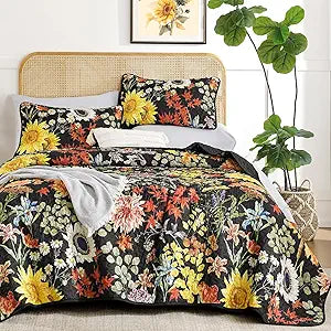 Yiran Floral Quilts Queen Size, Black Yellow Flowers Bedspreads Bedding Set
