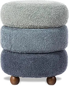 Glitzhome Round Ottoman with Storage, Small Foot Stool, Modern Accent Stool Upholstered Vanity Stool with Rubberwood Ball Feet for Bedroom Living Room Dorm Room, Gradient Blue