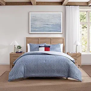 Tommy Hilfiger - Full/Queen Comforter Set, Textured Cotton Plain Weave Bedding with Matching Shams, Reversible, Medium Weight for Year-Round Use, Oeko-Tex Certified (Dark Blue)