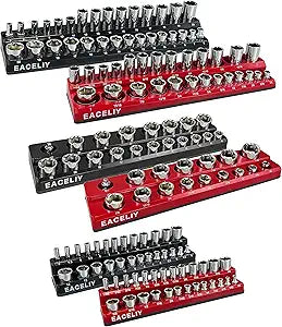 EACELIY 6-Piece Magnetic Socket Organizer Set, 1/2", 1/4" and 3/8" SAE & Metric Deep & Shallow Socket Holder Kit, holds 141 stanard Sockets, attaches to steel box/tool cart (sockets not included)