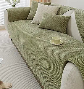 vctops Farmhouse Plaid Chenille Couch Sofa Cover Super Soft Plush Sectional Couch Covers Anti-Slip Solid Sofa Slipcover for Dogs, Children, Pets Furniture Protector (Green,36"x82")