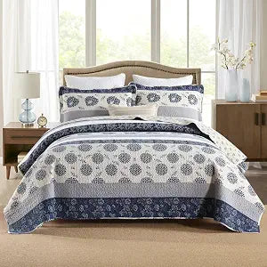 Homzard California King Size Comforter Set,Navy Blue Beige All Cotton Quilted Bedspread (118 * 106 Inch) with 2 Pillow Shams,Oversized Floral Quilt Set Lightweight All Season Coverlet | 3 Piece All Season