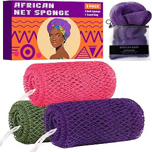 African Net Sponge 3 Pack with Travel Bag (Purple/Pink/Green)