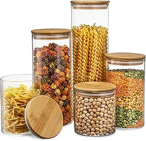 Set of 5 Glass Kitchen Canisters with Airtight Bamboo Lid - Glass Storage Jars for Pantry Organization and Bathroom for Flour, Coffee, Cookie Jar, Candy, Snack, Pasta, Rice, Sugar Packet Holder