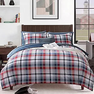 MaiRve Full Size Plaid Comforter Set Navy Red, Classic 7 Pieces Farmhouse Bedding Set, All Season Lightweight Bed in A Bag with Sheets, Pillowcases & Shams