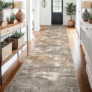 2'6''x14' Washable Kitchen Runner Rug: Modern Abstract Runners for Hallway Soft Non Slip Rugs with Rubber Backing Low Pile Thin Floor Carpet for Entryway Bedroom Bathroom Indoor(Brown/Brick,2'6''x14')