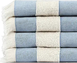 Lightweight Turkish Beach Towel - 100% BCI Cotton, Unbleached Raw Fringe, Oeko-TEX Certified, Absorbent, Eco-Friendly, 36x66, Sky Blue & Natural Stripes, Portable Sarong Blanket for Pool, Travel