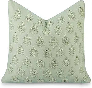 Crumbs Home Modern Farmhouse California Casual Indoor Outdoor Throw Pillow Cover, 20"x20" Water Repellent for Patio, Backyard, Couch, Poolside, Light Green Embroidered Leaves