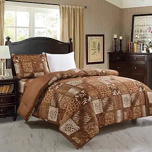 WPM 2 Piece Animal Print Comforter with Pillow Sham, Chocolate Brown Leopard Zebra Giraffe Jungle Forest Theme Design Twin Size Bedding- Safari (Brown, Twin)