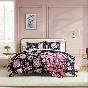 Betsey Johnson - King Bedding Set, Wrinkle-Resistant 8 Piece Bed Set, Ultra-Soft Comforter w/Matching Bed Sheets, Pillowcases & Throw Blanket, Lightweight for All-Season Comfort (Garden Floral Pink)