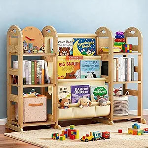 Kids Bookshelf and Toy Storage Organizer, Large 3 Tier Wooden Kids Book Shelf with Sling Book Rack for Kids Room, Nursery, Playroom