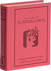 WS Game Company Scattergories Vintage Bookshelf Edition Linen Fabric-Wrapped Book Case with Integrated Storage & 1988 Retro Graphics - Classic Board Game for Family Night, 2-4 Players, Ages 12+