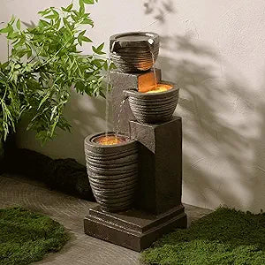 Teamson Home Horizontal Ribbed Pattern Outdoor Water FountainWarm Glow Lighting with Adjustable Flow & Electric Pump, Warm Gray