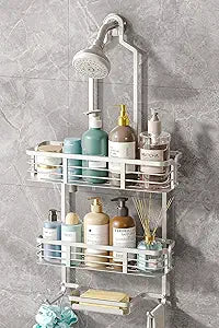 Shower Caddy Hanging, Never Rust Aluminum Shower Organizer, Over Showerhead No Drilling Shower Racks, with Soap Holder Multi Hooks Bathroom Storage for Shampoo Sponge,Silvery