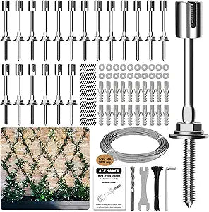 Wire Trellis for Climbing Plants Outdoor, 20-Set Wall Wire Trellis Kit with 5/64"(2mm) x 98ft Stainless Steel Cable, T316 Espalier System for Fence and Garden DIY Projects