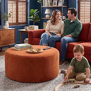 BSHOMGI Round Ottoman,Corduroy Ottomans Foot Stool, 27.5" Pouf Footstool Ottomans Seat, Round Footrest, Modern Side Table for Living Room Bedroom Home Decor No Assembly Require (Orange, 32")