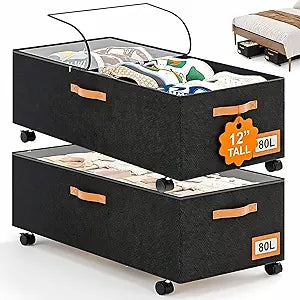 Under Bed Storage with Wheels, 12" Height Under Bed Storage Extra Deep Under Bed Storage Containers, Perfect for 14'' Bed Frame, No Assemble Metal Rolling Underbed Storage for Clothes Shoes Blankets