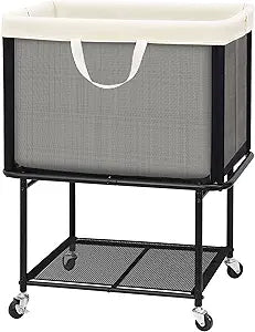 STO STO Rolling Laundry Hamper with Lockable Wheels, 29-Gallon (110L) Laundry Cart with Removable Canvas Bag, 2-Tier Clothes Basket Hamper with Shelf for Closet, Bedroom, Bathroom, Laundry Room, Beige