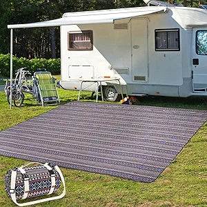 G GOOD GAIN Picnic Blankets Outdoor - Waterproof Outdoor Rug with Shoulder Carry Strap | Machine Washable Picnic Mat with Sandproof Backing for RV, Balcony, Camping, Hiking, Concerts (Blue, 9' x 6')