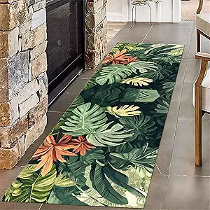 Tropical Leaves Runner Rug, 2x6ft, Hawaiian Bohemian Palm Leaf Monstera Plant Runner Hallway Rug, With Rubber Backing Green Leaf Soft Floor Rug for Bedroom Kitchen Dining Room Laundry Room - Green
