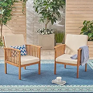 Great Deal Furniture Ray Acacia Outdoor Acacia Wood Club Chairs, Brown Patina and Cream (Set of 2), (306223)