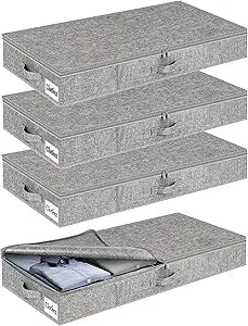 Under Bed Storage Container Bins 4 Pack, 4 Inch Thin Low Profile Underbed Clothes Storage Organizer for Dorm & Home, Use for Blanket and Toy Storage Box W/ Sturdy Bottom/Sides, Foldable Thick Fabric