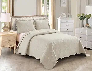 Kids Zone Home Collection, Over Size, Elegant Vintage Floral Pattern Embossed, Light Weight, Scalloped Edges, Bedspread Set, Solid, #Stacy, 3 Pieces, King/California King, Beige